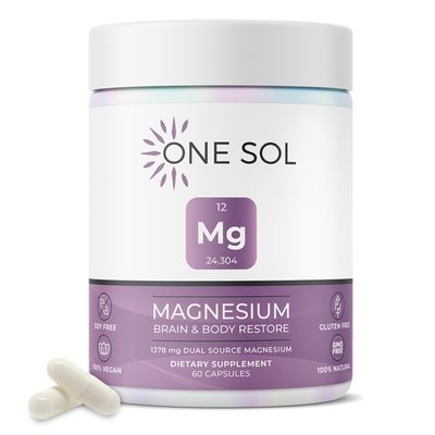One Sol Magnesium, 1378 mg Dual Source Magnesium Bisglycinate for Sleep, Relaxation and Full Body Recovery High Absorption Vegan, Non-GMO, Gluten Soy-Free Made in USA, 60 Capsules