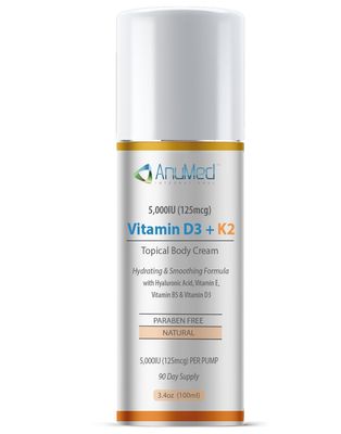 AnuMed Vitamin D3 K2 5,000 IU Cream with Magnesium, Hyaluronic Acid, Vitamin E. Best Moisturizer for Dry Skin. Promotes The Immune System, Strong Bones, Muscles, and Joints (Packaging May Vary) (3oz)