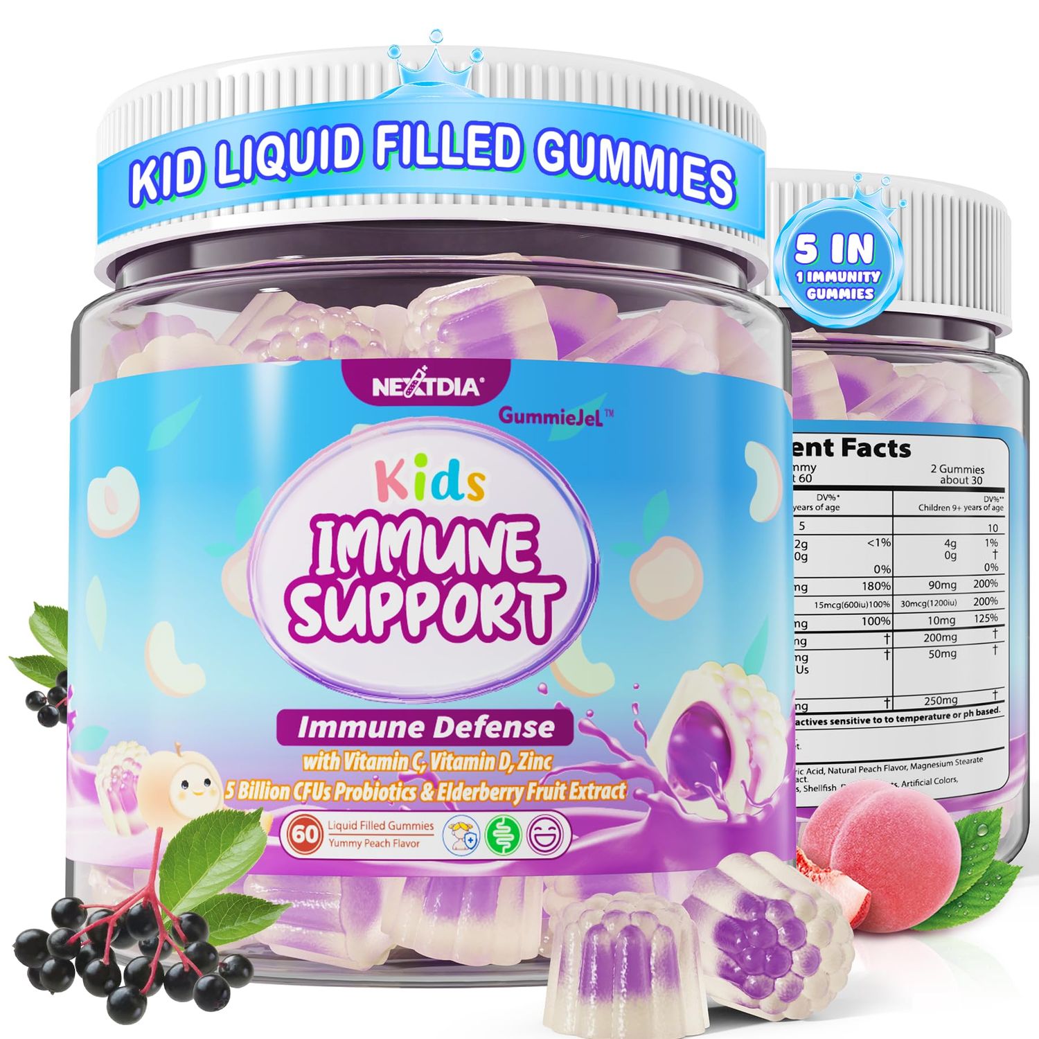 Kids Immune Support Gummies, Probiotics Vitamin C Zinc Elderberry Gummies for Kids 4, 6-in-1 Daily Kid Vitamin C Gummies Chewable with Immune Digestive Support, Sugar Free, Peach Flavor, 60 Count