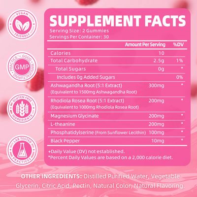Cortisol Gummies for Women, Cortisol Supplements Gummies with Magnesium Ashwagandha Rhodiola Rosea and L-theanine Complex for Relaxation and Cortisol Levels, Raspberry Flavor, 60 Count