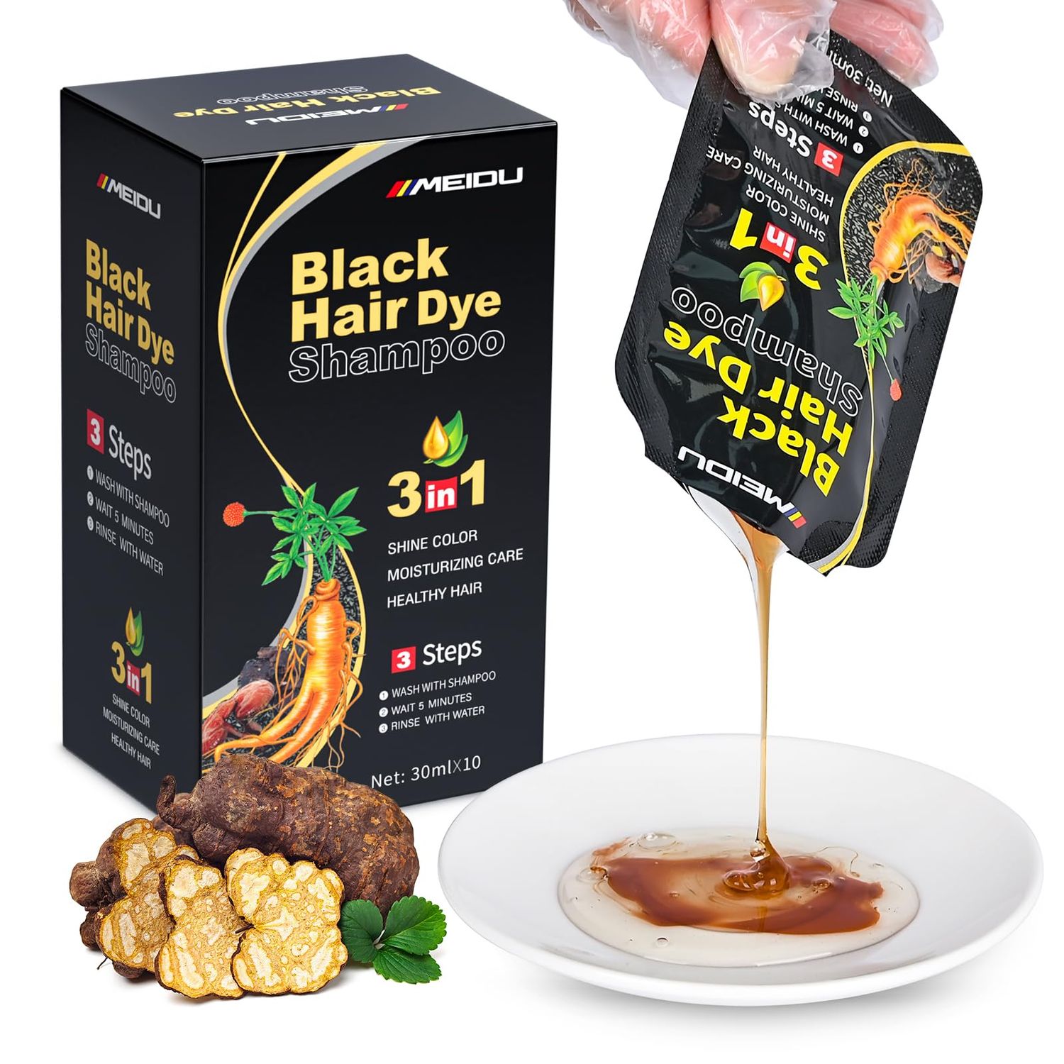 JUANCHI Black Hair Dye Shampoo 3 in 1, 300ML Hair Dye Shampoo for Women and Men,Long Lasting,Easy to Use (10Pcs)