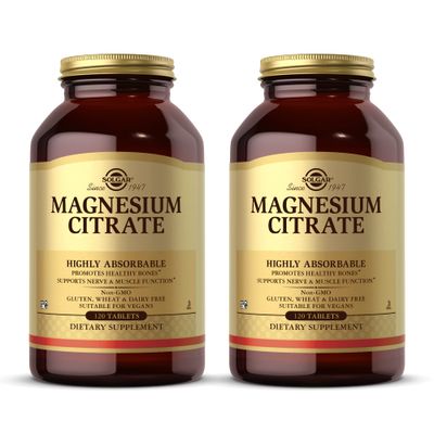 Solgar Magnesium Citrate - 120 Tablets, Pack of 2 - Promotes Healthy Bones, Supports Nerve Muscle Function - Highly Absorbable - Non-GMO, Vegan, Gluten Free, Kosher - 120 Total Servings
