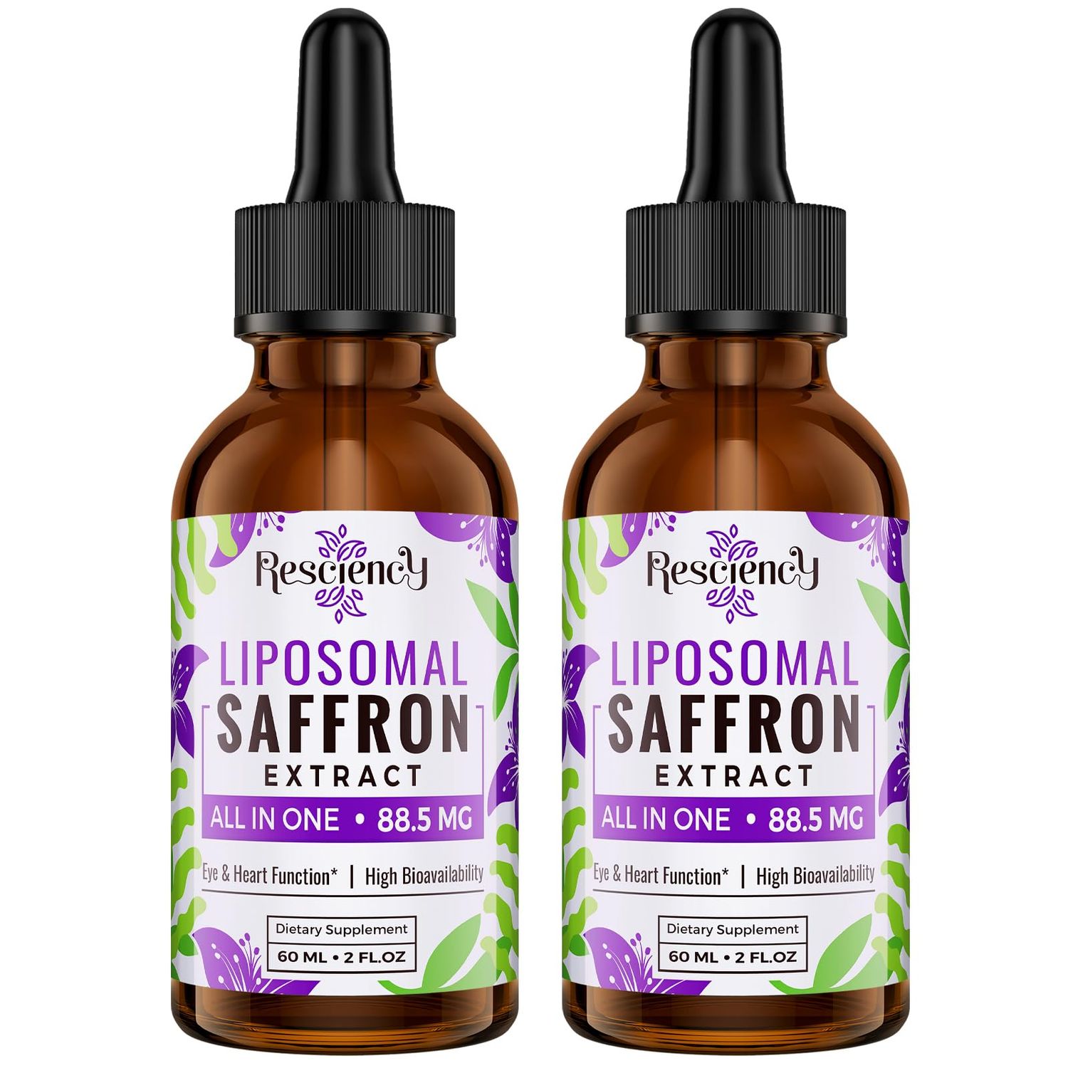 Saffron Supplements - 88.5 mg Saffron Extract Better Bioavailability Liposomal Drops for Mood, Energy, Vision Focus with Ashwagandha, Turmeric, Magnesium, Zinc, Vitamin B12 D3, 60 ml, 60 Servings