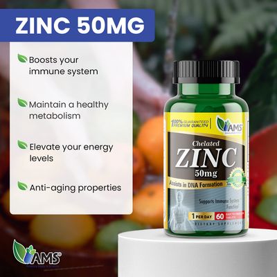 America Medic Science Chelated Zinc 50 mg Supplements (1 Pack of 60 Tablets) Immune Booster and Powerful Antioxidant Pills for Adults Men and Women Highly Absorbable Mineral, Improves Mood Sleep