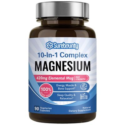 Surebounty Magnesium Complex, 10-in-1 Formula, 420mg Elemental Mag Per Serving, Magnesium Glycinate, Malate, Citrate, High Absorption, Bone, Muscle Relaxation, 90 Caps