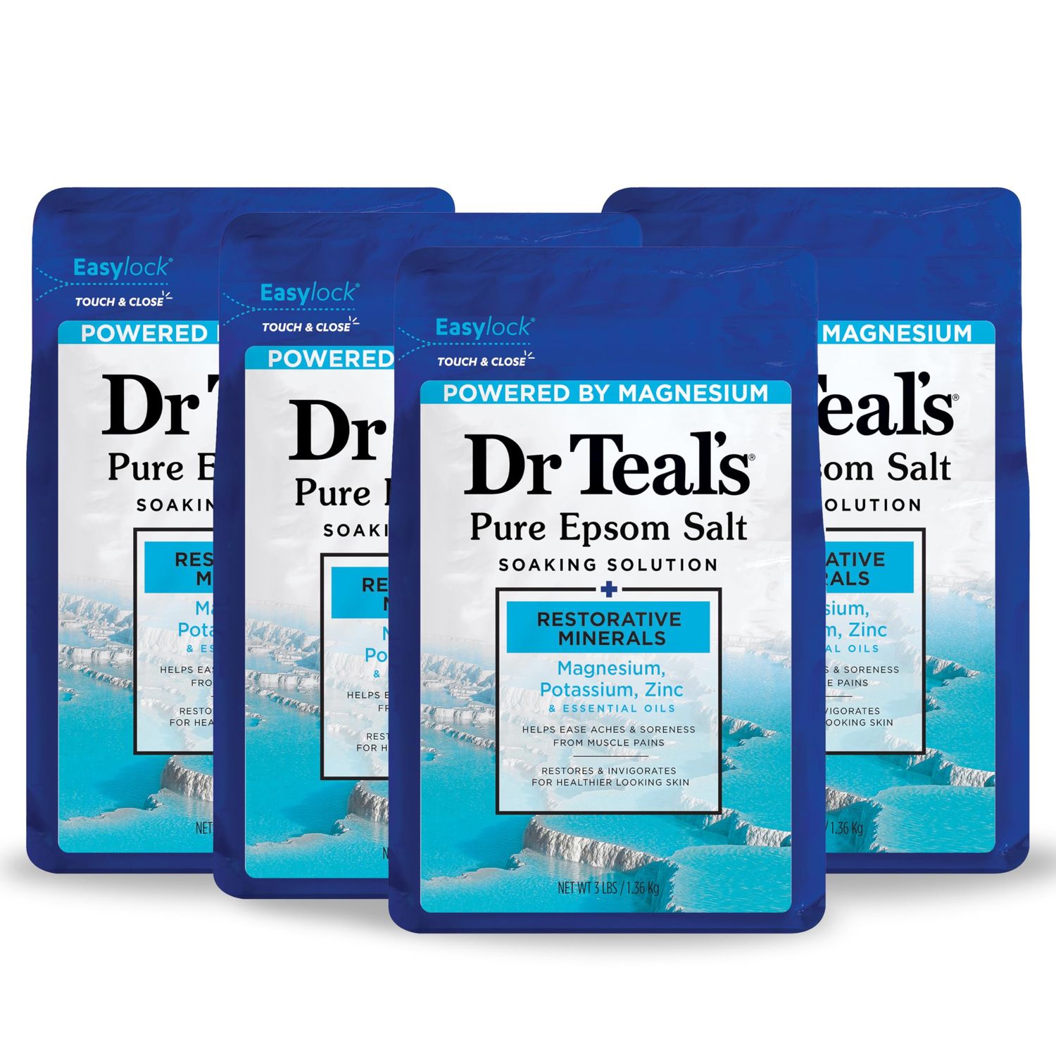 Dr Teal&#39;s Pure Epsom Salt, Restorative Minerals with Magnesium, Potassium, Zinc Essential Oils, 3 lbs (Pack of 4)