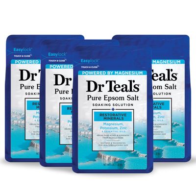 Dr Teal&#39;s Pure Epsom Salt, Restorative Minerals with Magnesium, Potassium, Zinc Essential Oils, 3 lbs (Pack of 4)