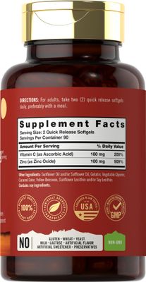 Carlyle Zinc Supplement 100mg with Vitamin C 180 Softgels Non-GMO, Gluten Free Tahoe Nutritionals