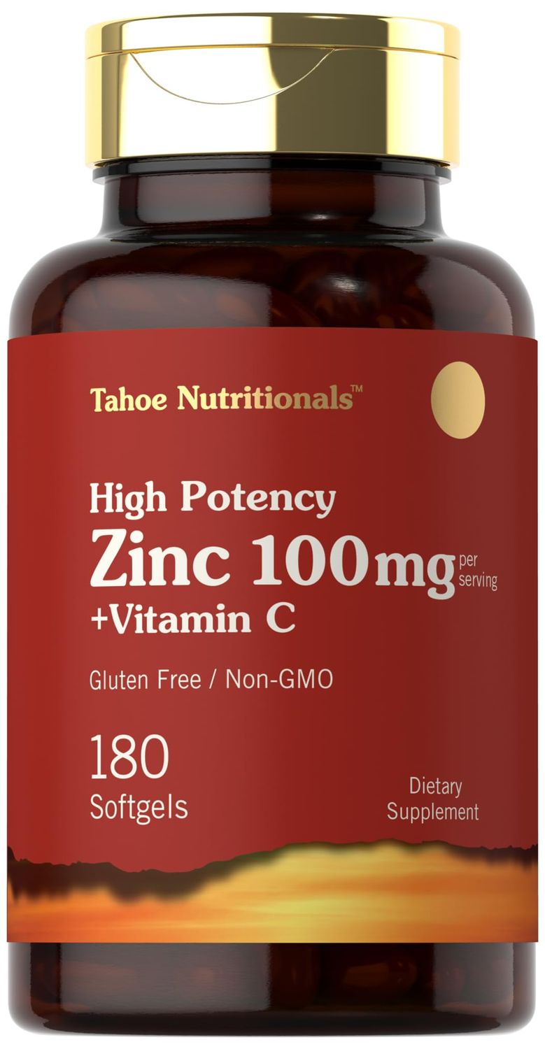 Carlyle Zinc Supplement 100mg with Vitamin C 180 Softgels Non-GMO, Gluten Free Tahoe Nutritionals