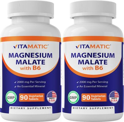 Vitamatic Magnesium Malate 2000mg per Serving - 90 Vegetarian Tablets - Added B6 for Maximum Absorption - Supports Muscle, Joint, and Heart Health (2 Bottles, Unflavored)