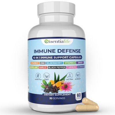 Essentialife Immune Support Supplement 10 in 1 Elderberry, Echinacea, Vitamin D, Vitamin C 1000mg Zinc Supplement - Take Charge of Your Health with Immune Booster for Adults - 60 Vitamins Capsules