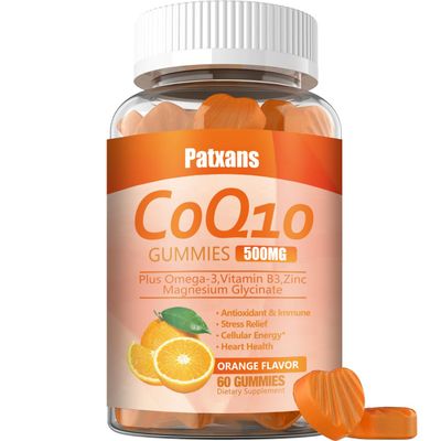 Patxans 1 Pack 500MG CoQ10 Supplement Gummies, Omega-3, Magnesium, Vitamin B3, Zinc, Ultra High Absorption Provides Healthy Support for Heart, Cell Energy Antioxidants, Vegan, Non-GMO, 60Cts