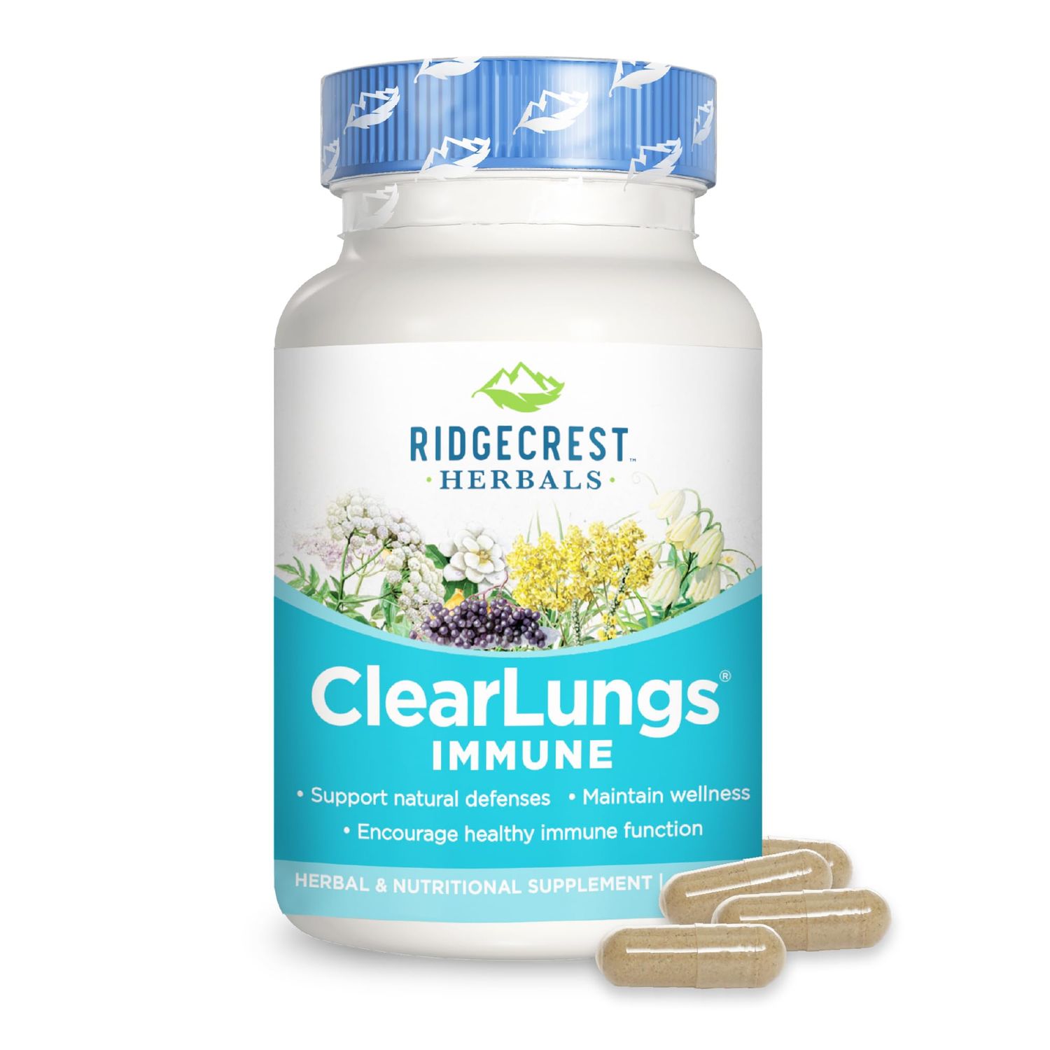 Ridgecrest Herbals ClearLungs Immune, Lung Support Supplement with Mullein, Elderberry, Zinc, Vitamin C, Vitamin A, Olive Leaf (60 Caps, 30 Serv)
