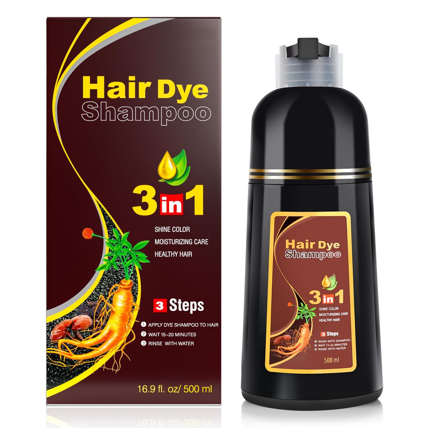 KINGMING Dark Brown Herbal Instant Color Shampoo for Gray Hair Coverage for Women Men - 3 in 1 Champu Con Tinte Para Canas 500ml