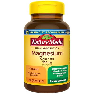 Nature Made High Absorption Magnesium Glycinate 300mg per 3 Capsules, Magnesium Supplement for Muscle, Heart, Nerve and Bone Support, 90 Magnesium Bisglycinate Capsules, 30 Day Supply