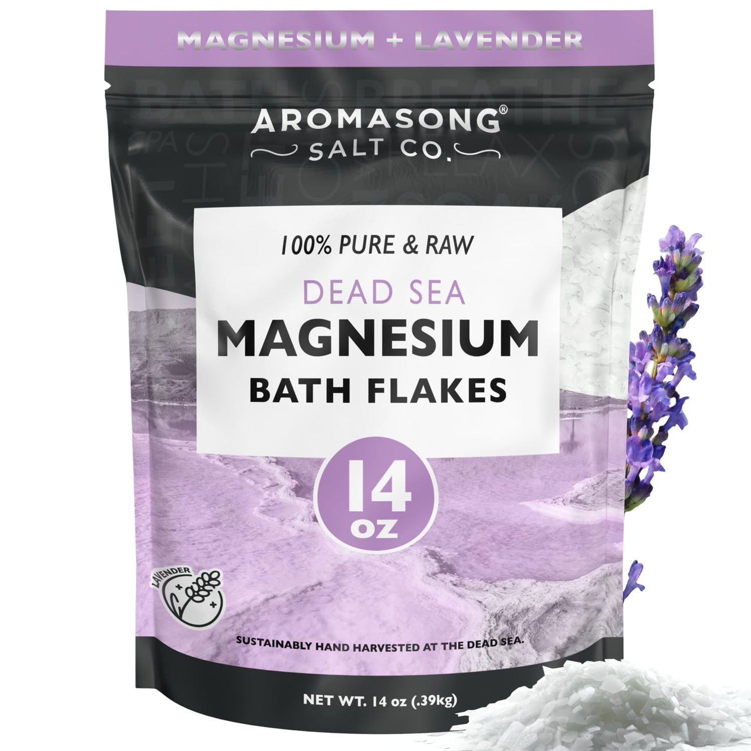 Aromasong RAW Magnesium Bath Flakes with 100 Natural Lavender, 14 Oz. Muscle Relaxing Organic Salts Mg Chloride, Mineral Soak Salt.