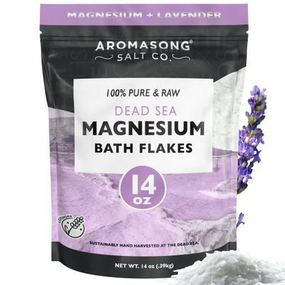 Aromasong RAW Magnesium Bath Flakes with 100 Natural Lavender, 14 Oz. Muscle Relaxing Organic Salts Mg Chloride, Mineral Soak Salt.