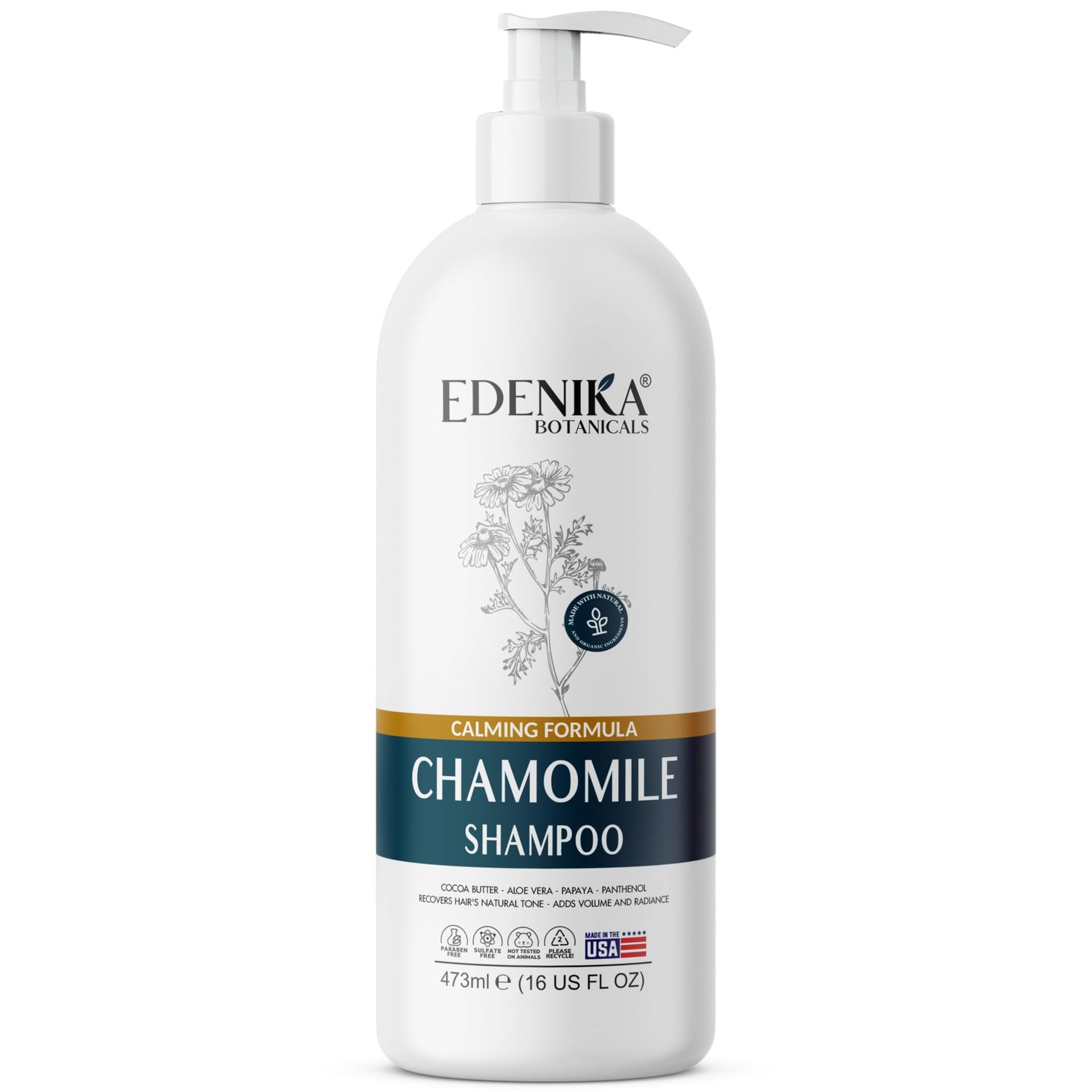 Edenika Botanicals Chamomile Shampoo with Cocoa Butter, Aloe Vera Papaya, 16 fl oz, Calming Hydrating Formula, Vegan, Sulfate-Free, Paraben-Free, for All Hair Types
