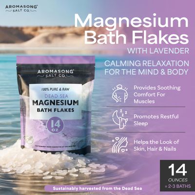 Aromasong RAW Magnesium Bath Flakes with 100 Natural Lavender, 14 Oz. Muscle Relaxing Organic Salts Mg Chloride, Mineral Soak Salt.