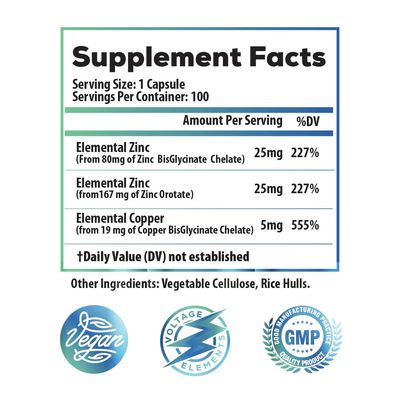 Voltage Elements Zinc Orotate Bisglycinate Chelate 245mg with Copper: Muscle Bone Health - Elemental Zinc 50mg (100 Servings) Vegan
