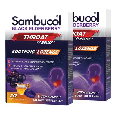 Sambucol Black Elderberry Throat Lozenge - with Honey, Vitamin C Zinc, Elderberry Lozenges Sore Throat Cough, Soothes Scratchy Throat, Soft Chewy - 2 Pack (40 Total Pastilles)