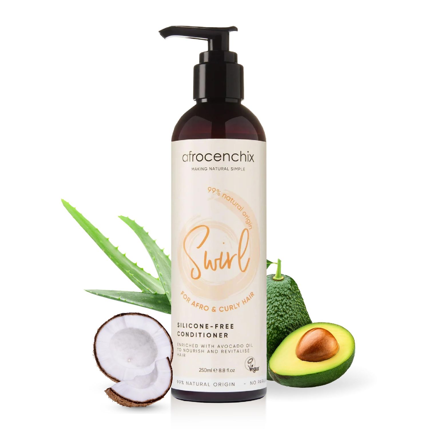 Afrocenchix Swirl - Silicone Free Conditioner for Afro and Curly Hair, Enriched with Natural Oil - Repairs Strengthens, Prevents Dry Hair Breakage for Men Women - Vegan - 250ml (8.8oz)