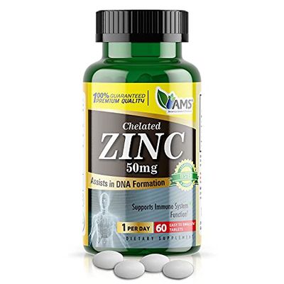 America Medic Science Chelated Zinc 50 mg Supplements (1 Pack of 60 Tablets) Immune Booster and Powerful Antioxidant Pills for Adults Men and Women Highly Absorbable Mineral, Improves Mood Sleep