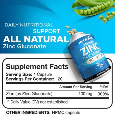 Nutrivein Premium Zinc Gluconate 100mg - 120 Capsules: High-Absorption Zinc Gluconate Supplements for Whole-Body Well-Being - Essential Elements for Wellness