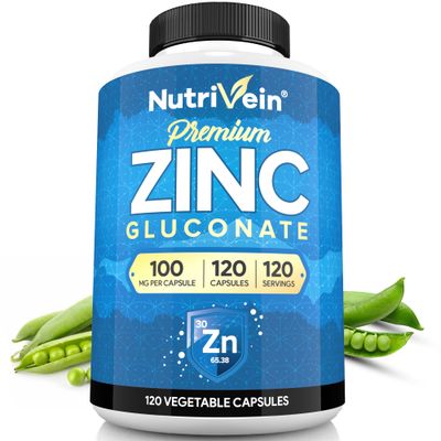 Nutrivein Premium Zinc Gluconate 100mg - 120 Capsules: High-Absorption Zinc Gluconate Supplements for Whole-Body Well-Being - Essential Elements for Wellness