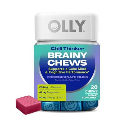 OLLY Chill Thinker Brainy Chews, Plus L-Theanine, Magnesium Omega-3 for a Relaxed State of Mind, Pomegranate Blueberry Flavor, 20 Count