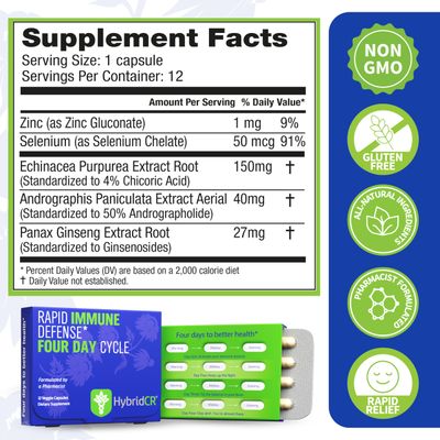 HybridCR Rapid Immune Support Supplement - 4 Day Immunity Supplement - Immune Defense Booster with Echinacea, Ginseng, Andrographis, Zinc, Selenium - Travel Size System Support - 24 Caps, 2 Dose Packs