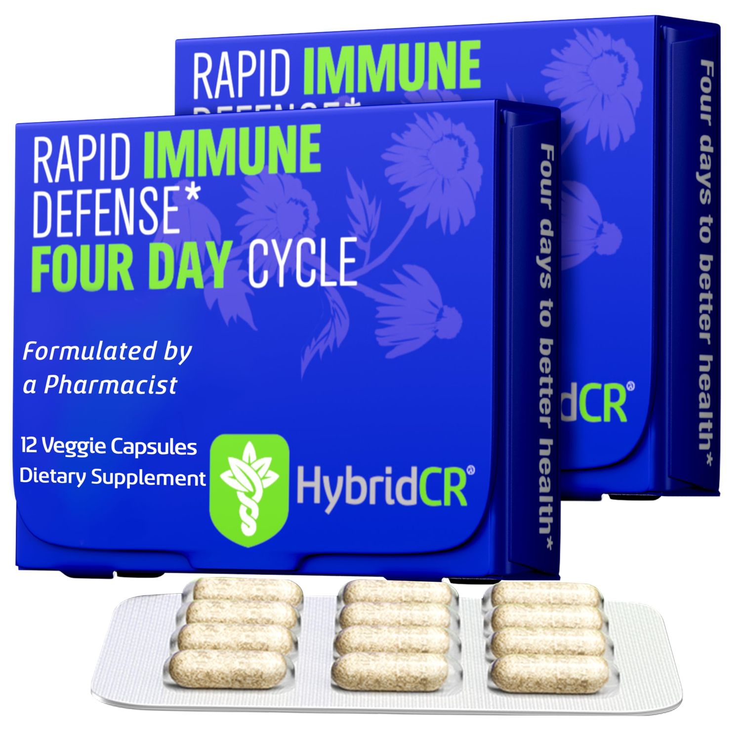 HybridCR Rapid Immune Support Supplement - 4 Day Immunity Supplement - Immune Defense Booster with Echinacea, Ginseng, Andrographis, Zinc, Selenium - Travel Size System Support - 24 Caps, 2 Dose Packs