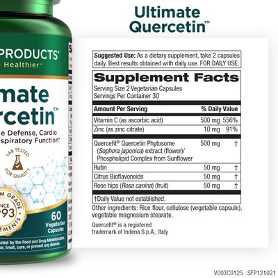 Purity Products Ultimate Quercetin 20x More Absorbable Than Ordinary Quercetin - Quercefit Phytosome, Zinc, Vitamin C More - Supports Immune, Lung Function More - 60 Veg Capsules