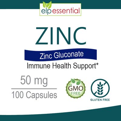 Zinc 50mg, Immune Support Antioxidant Supplement 100 Capsules - Gluten Free and Non-GMO