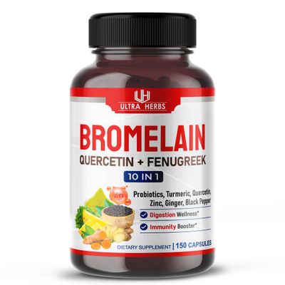 Bromelain Supplement with Quercetin, Zinc, Fenugreek, Turmeric, Ginger, Black Pepper Probiotics - Supports Digestion, Joint Health Nutrient Absorption 150 Capsules