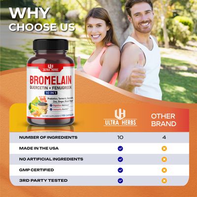 Bromelain Supplement with Quercetin, Zinc, Fenugreek, Turmeric, Ginger, Black Pepper Probiotics - Supports Digestion, Joint Health Nutrient Absorption 150 Capsules