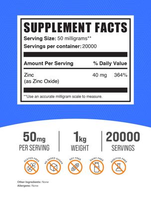 BulkSupplements.com Zinc Oxide Powder - Zinc 40mg, Zinc Oxide Supplement, Zinc Powder for Immune Support - Gluten Free, 50mg per Serving, 1kg (2.2 lbs) (Pack of 1)