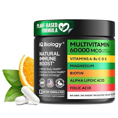 Daily Multivitamin for Women Men - Energy Supplements, Immune Support, Hair Skin Nails - Multi Vitamin for Adults with Zinc, Vitamins A B C D E, Lutein, Folic Acid, Selenium, Biotin - 60 Capsules