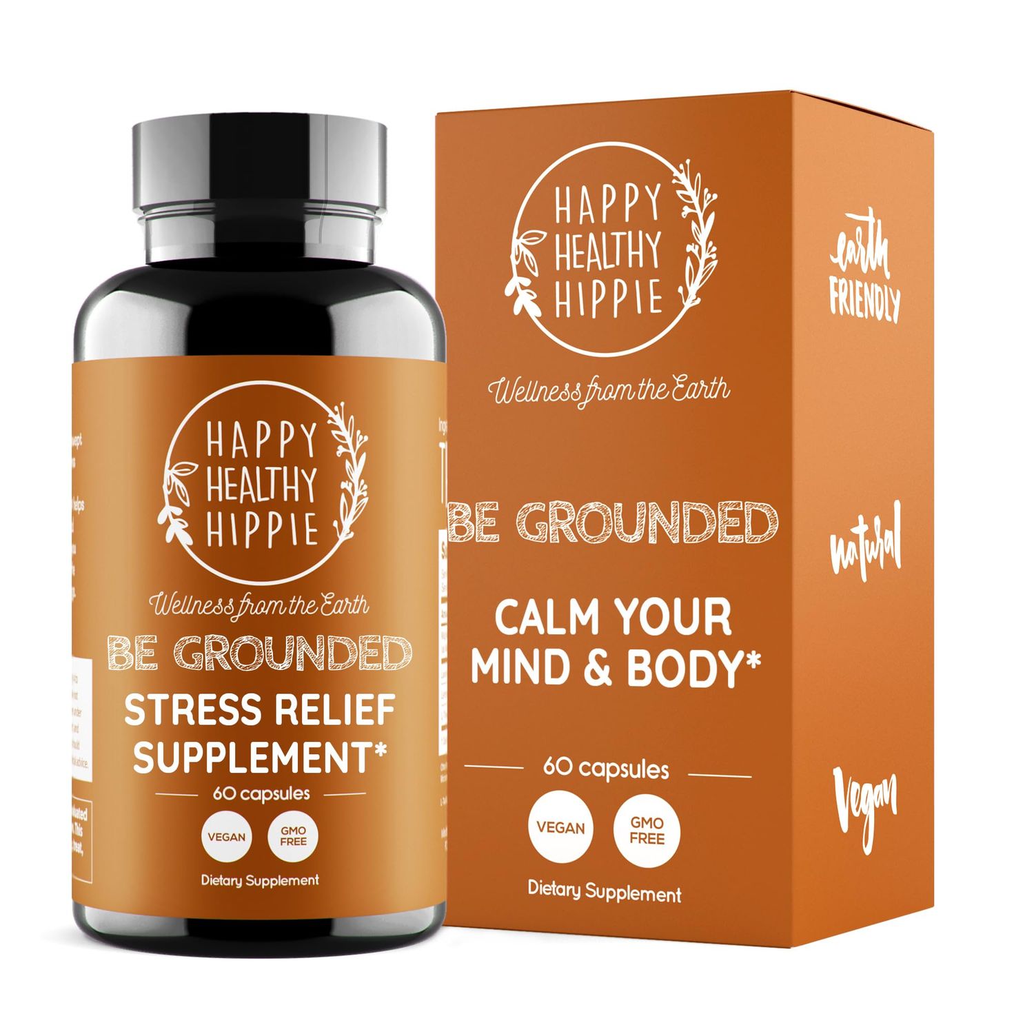 Happy Healthy Hippie Be Grounded Stress Relief Supplement - Lavender Pills Promotes Calmness Relaxation Quick Acting Magnesium Glycinate 100mg, L Theanine, Lemon Balm Leaf, Herbal, 60 Ct