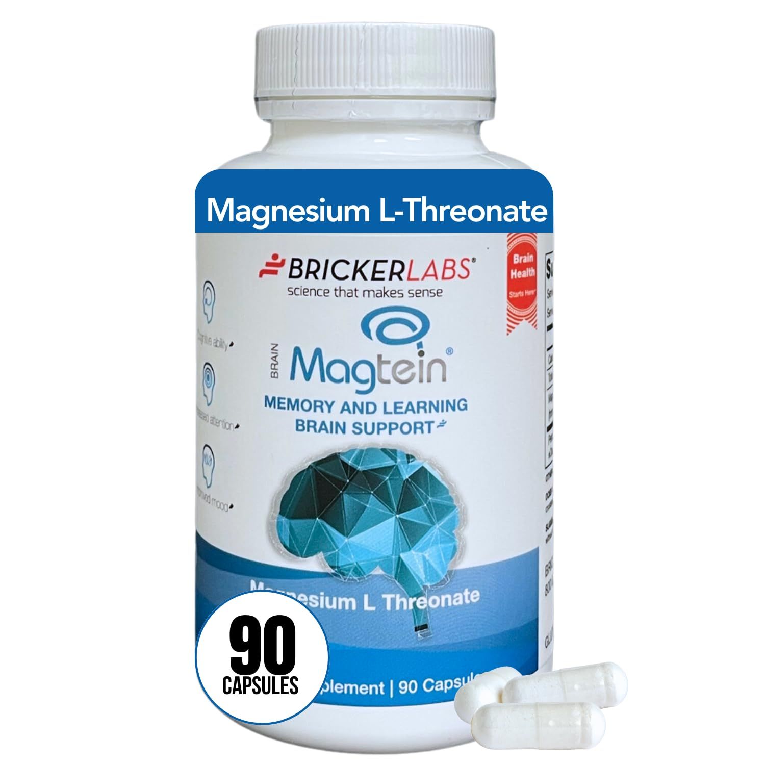 Bricker Labs Magtein Magnesium l Threonate, Magnesium Supplement for Memory and Learning Brain Support, Focus Supplement and Brain Health Supplement