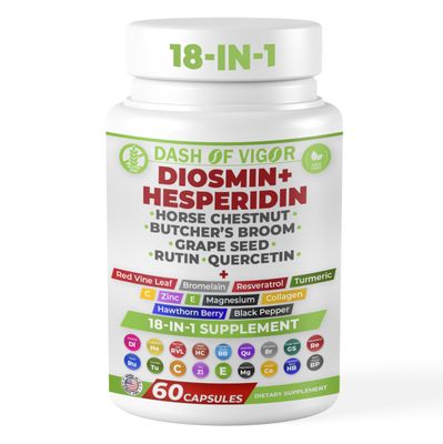 Dash of Vigor 18-in-1 Diosmin Hesperidin Supplement, Quercetin with Bromelain, Zinc, Vitamin C with Rutin Supplement, Horse Chestnut Extract, Butcher&#39;s Broom Extract, USA, 60 Capsules
