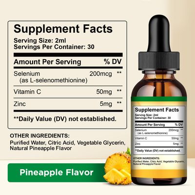 Selenium Liquid Drops, 200mcg Liquid Selenium Supplement with Vitamin C Zinc, Support for Immune System, Antioxidant Heart Health, High Absorption, Pineapple Flavor, 2 Fl Oz