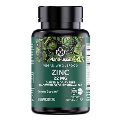 PlantFusion Vegan Zinc Supplements 22 mg - Wholefood Complex, Chelated Zinc Citrate from Organic Guava Leaf for Immune Support, 60 Capsules