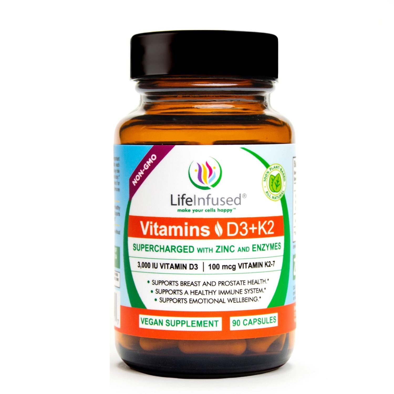 Life Infused Vitamin D3 K2 Supercharged with Zinc and Enzymes, Help Maintain Healthy Immune System, Bone Health, Emotional Wellbeing, 90 Capsules.