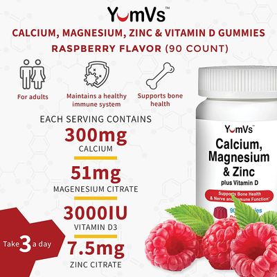 YUM-V'S Calcium, Magnesium, Zinc and Vitamin D Gummies (90 Count) - Calcium Gummies with Vitamin D3 Zinc Magnesium Supplements - Delicious Bone Health Gummy Supplement for Men, Women Kids