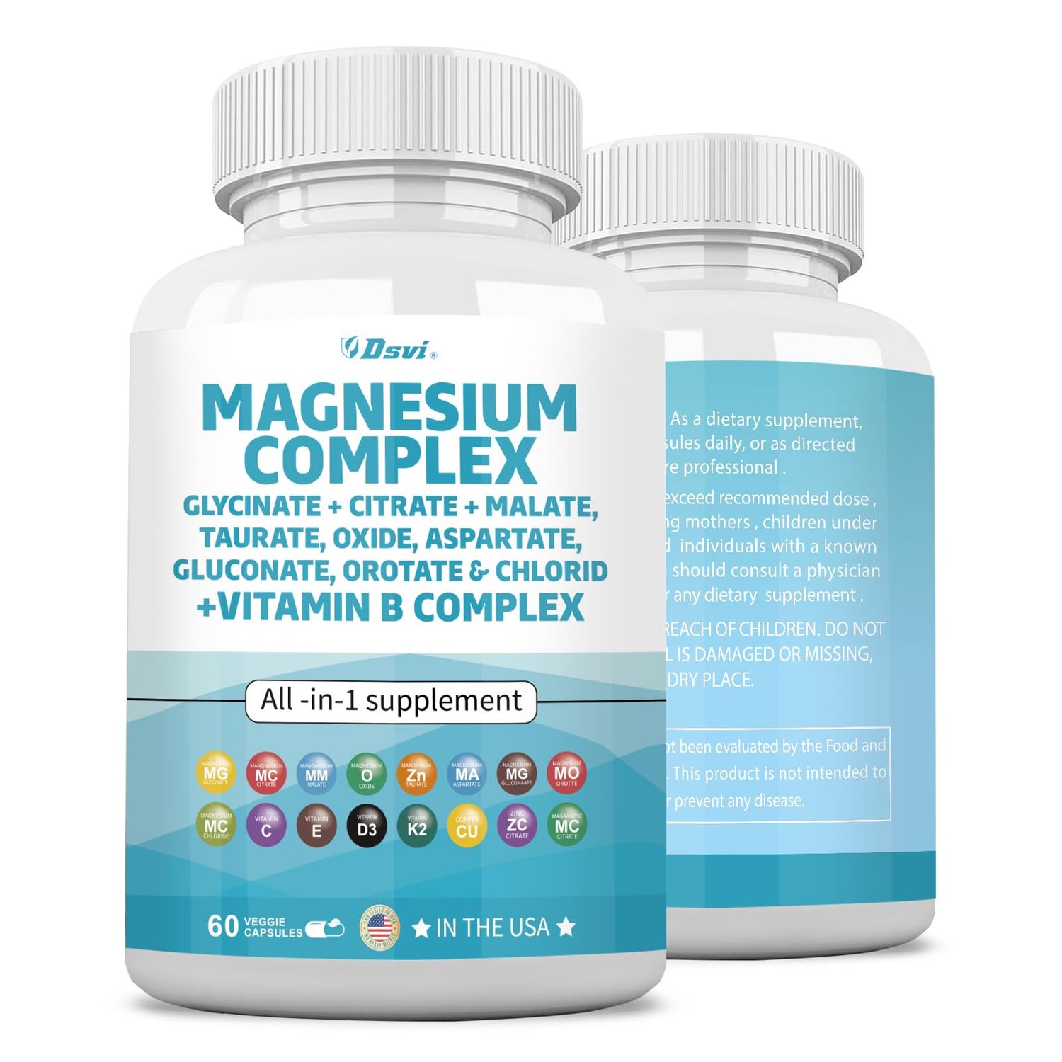 60 Count Magnesium Complex 2285mg with Magnesium Glycinate Citrate Malate Oxide Taurate Aspartate Gluconate Orotate Mag Chloride, Zinc Copper Manganese Vitamin C B1 B2 B6 B12 Complex USA