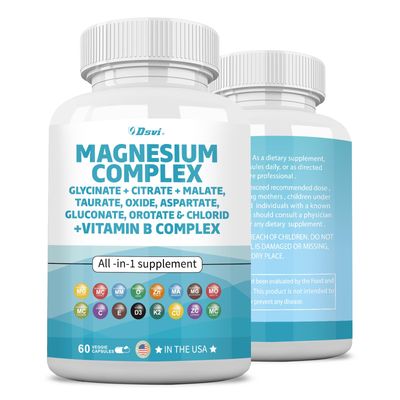 60 Count Magnesium Complex 2285mg with Magnesium Glycinate Citrate Malate Oxide Taurate Aspartate Gluconate Orotate Mag Chloride, Zinc Copper Manganese Vitamin C B1 B2 B6 B12 Complex USA
