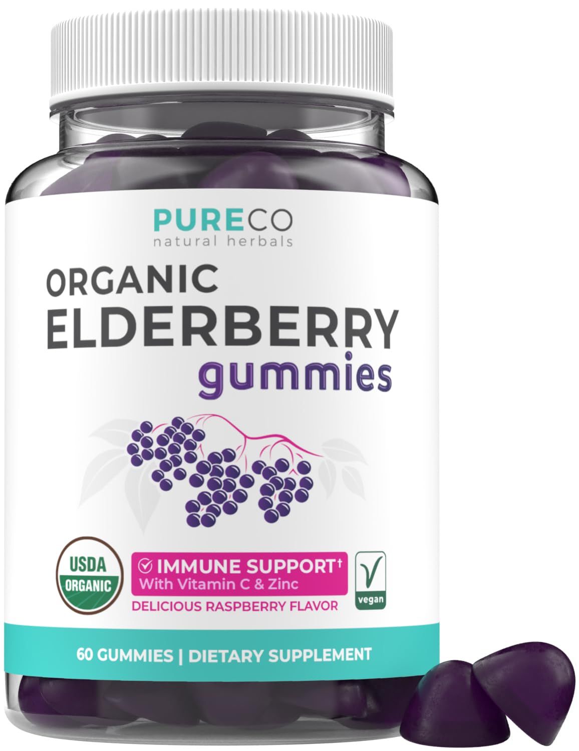 Organic Elderberry Gummies for Adults - Vegan Sambucus Elderberry Immune Support Gummies with Black Elderberry Vitamin C and Zinc for Daily Seasonal Immunity (USDA Organic Non-GMO Vegan) - 1 Month