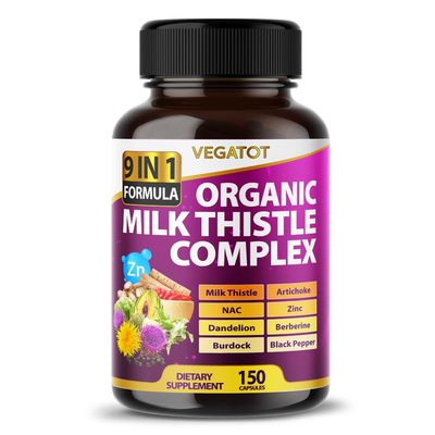 VEGATOT Organic Milk Thistle Complex 9 in 1 Formula - with Milk Thistle Artichoke NAC Zinc Dandelion Berberine Burdock Black Pepper (150 Count (Pack of 1))