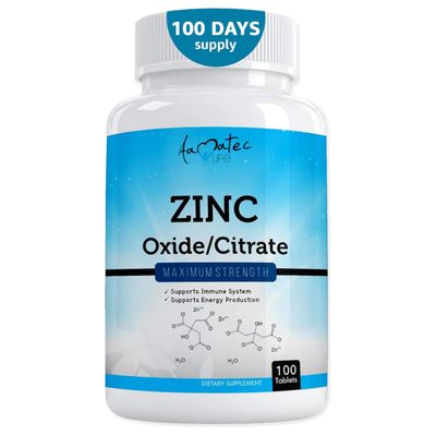 Aamatec Life Zinc Supplement 50 mg - OxideCitrate for Immune Support and Metabolism Support - Vegan Zinc 50mg Supports Heart and Eye Health - 100 Tables for Men and Women
